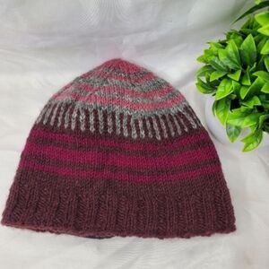 Feelgoodz 100% Fleece Lined Wool Beanie Gray Pink and Burgundy Striped